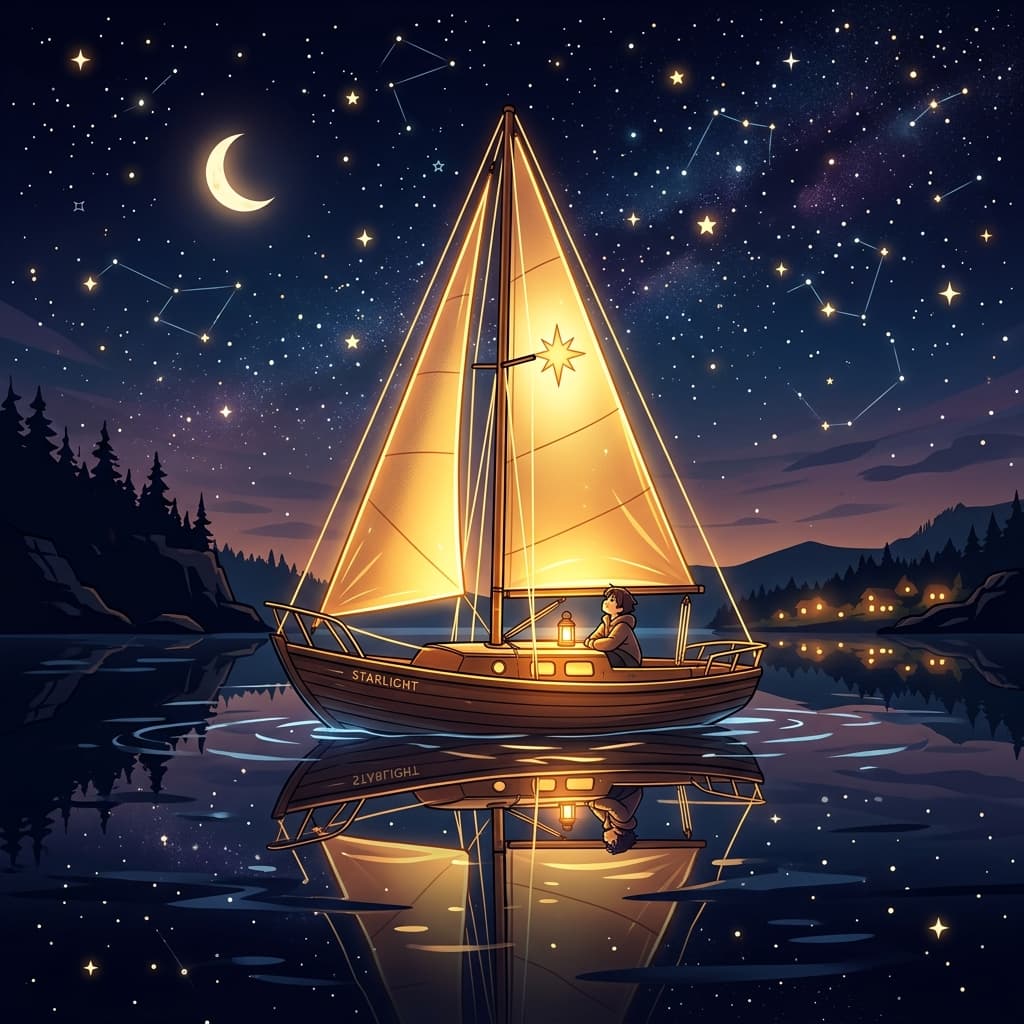 Illustration of a sailboat under a night sky